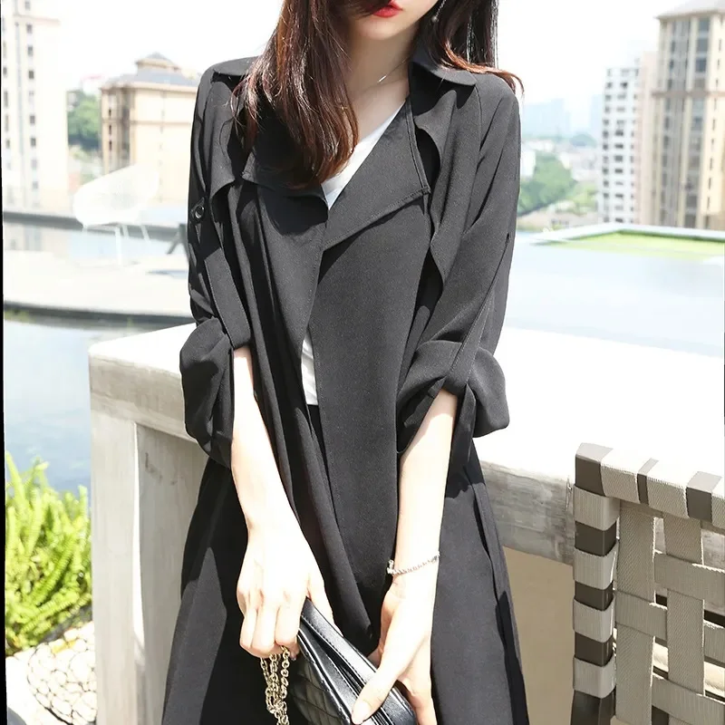 2025 New Summer Cardigan Sunscreen Coat Women Temperament Trench Coat Black Thin Long Fashion Windbreaker Outwear Female