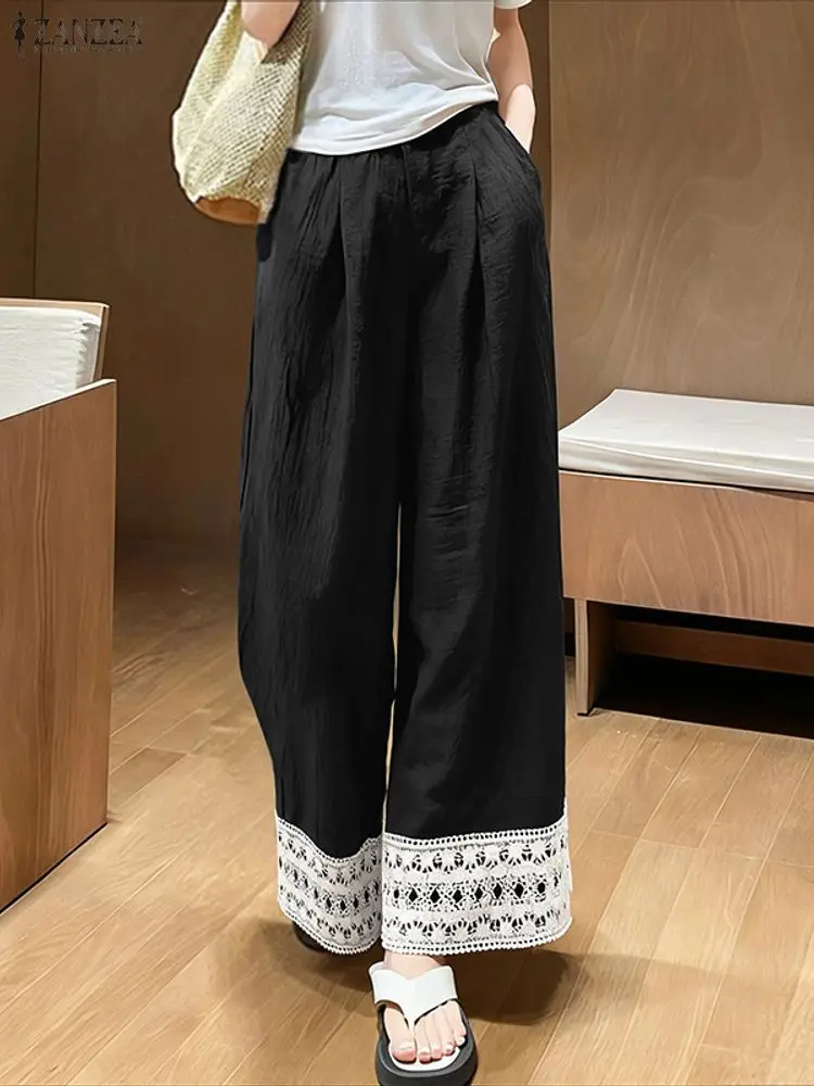 2025 ZANZEA Women Trousers Fashion Autumn Wide Leg Pants Casual Elastic Waist Baggy Pantalon Vintage Lace Lace Patchwork Palazzo