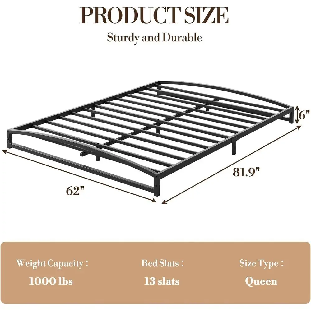6 Estrutura de cama Queen de metal com arco, plataforma resistente, fácil montagem, espaço de armazenamento, sem necessidade de molas - preto