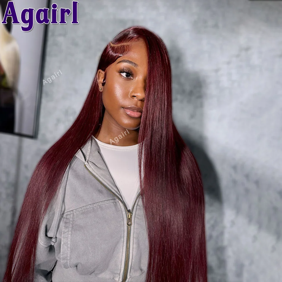 Dark Burgundy Red 13x4 13x6 Lace Frontal Human Hair Wigs For Women 99J Transparent 6X4 Lace Closure Straight Wigs 200% Density