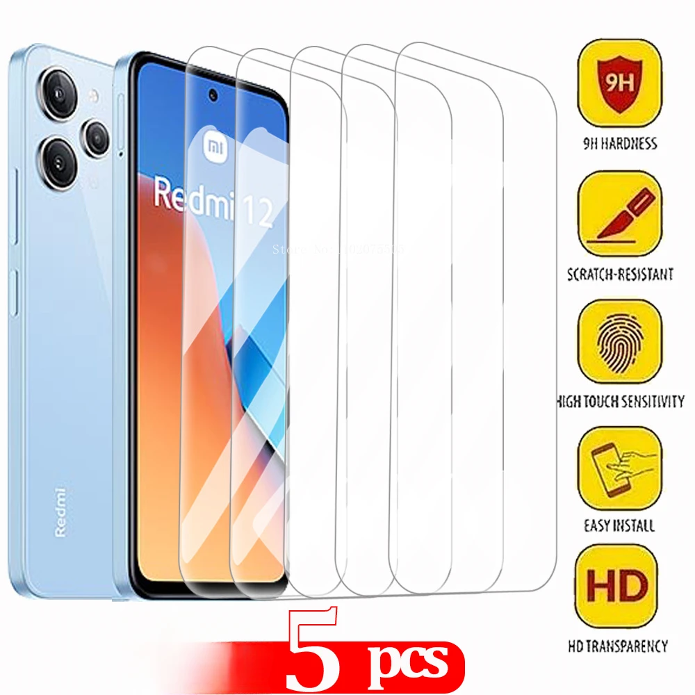 5PCS Highly Transparent Tempered Protective Glass for Xiaomi Redmi 12 Screen Protector on Redmi Note 13 12 Pro Plus 5G Low Price