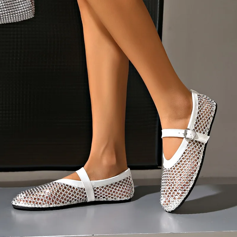 Luxury Crystal Rhinestone Fishnet Ballet Flats Woman Brand Design Rivet Studs Mesh Mary Jane Shoes Ladies Summer Cut Out Loafers