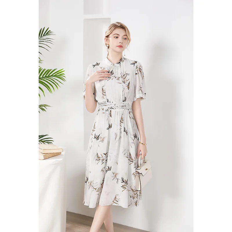 Mulberry Silk Dress, Digital Print Waist, Short Sleeve, Antique Style, Fairy, Summer, New, D4148