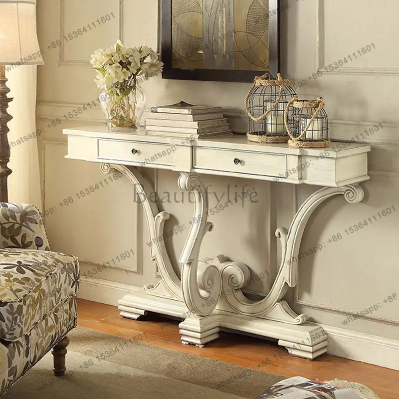

French retro solid wood porch modern white old carved living room decorative cabinet