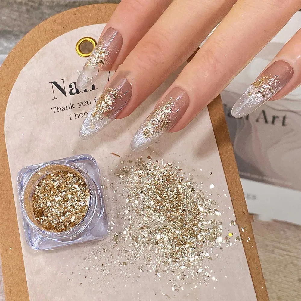 4 tarros X 1,2g fragmentos de lámina brillante brillo de uñas champán oro púrpura lámina brillo lentejuelas acrílicas uñas arte polvo escamas Paillette
