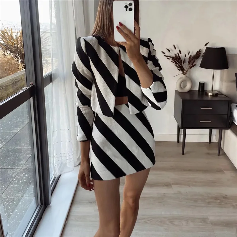 Woman Fashion Black White Zebra Striped 2 Pcs Sets 2022 Spring Chic Female Straight Skirts Suits Ladies High Street Blazer Suit