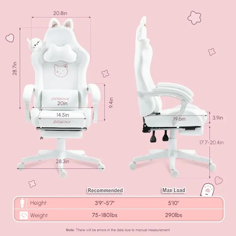 t Dowinx Gaming Chair Cute with Cat Ears and Massage Lumbar Support, Ergonomic Computer Chair for Girl with Footrest and Headres