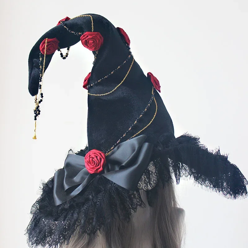 Modern Handmade Rose Magic Hat Witch Black Folds Wizard Halloween Fancy Adult Cosplay Cap Party Supplies Masquerade