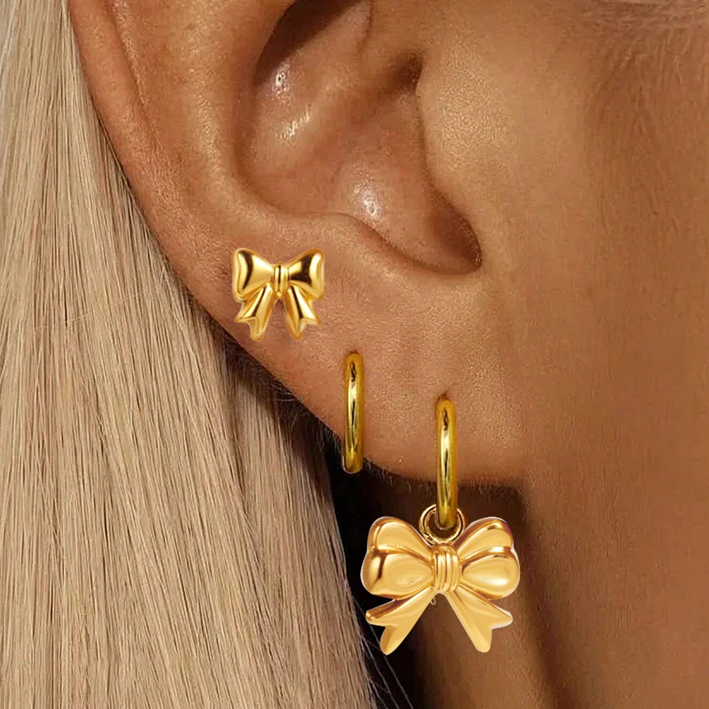 Aomogo 3pcs/set Stainless Steel Bow Earrings Women Exquisite Bow Pendant Earrings Party Birthday Jewelry Women Gift