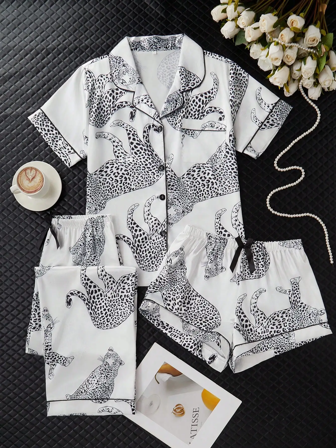 

Женский пижамный комплект из 3 предметов с леопардовым принтом, топ с короткими рукавами и шорты, одежда для отдыха весна-лето