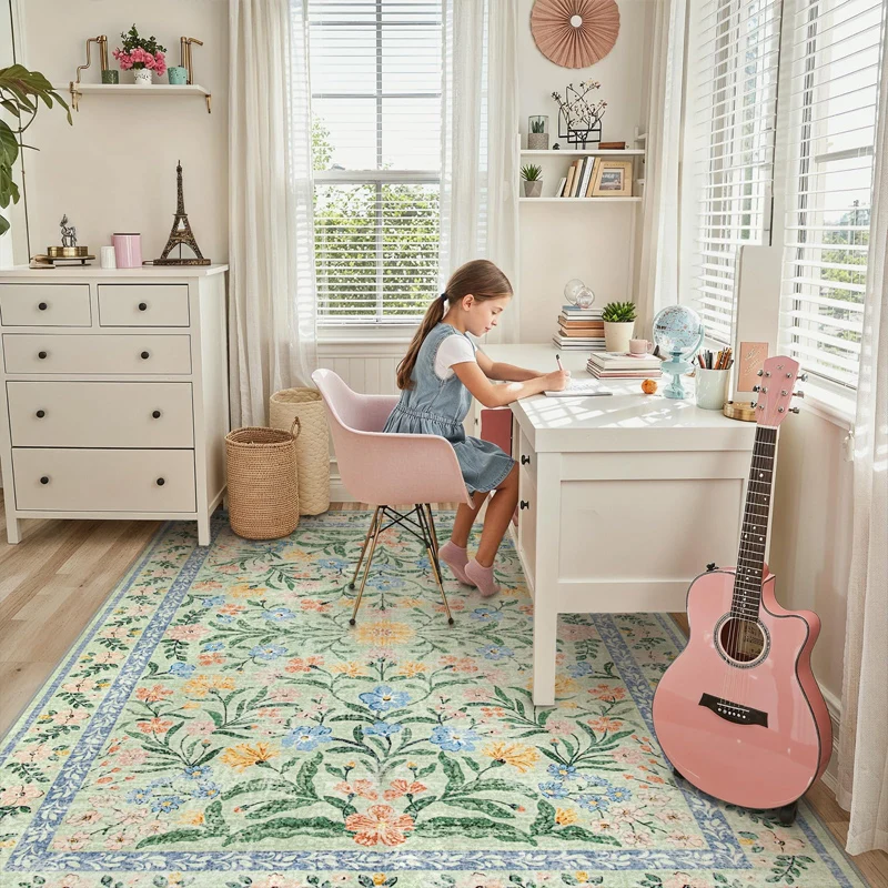 

Pink Living Room Carpet Large Machine Washable Carpets Bedroom Bedside Floor Mat Home Decoration Bohemian Flower Non-Slip Rug 카펫