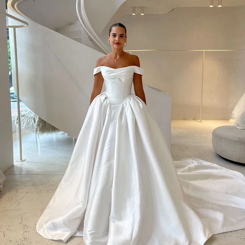 

Eightree 2026 A-Line Wedding Dresses Off The Shoulder Satin Sweep Train Bridal Dress Formal Wedding Ball Prom Gowns Customized