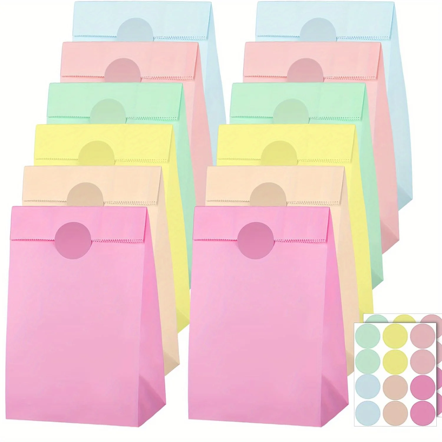 24 pcs Rainbow Themed Paper Gift Bags with Butterfly Stickers - Assorted Pastel Pink, Yellow, Blue - Durable Party Favor Bags