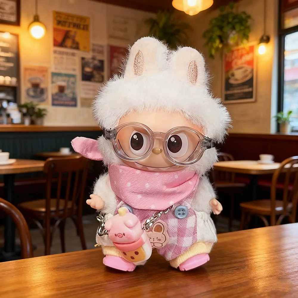 

[No Doll] Plush Doll's Clothes for 10cm Labubu 4.0 Pin For Love Series Cute Pink Bib Plaid Overalls Set Doll Accessories Gift