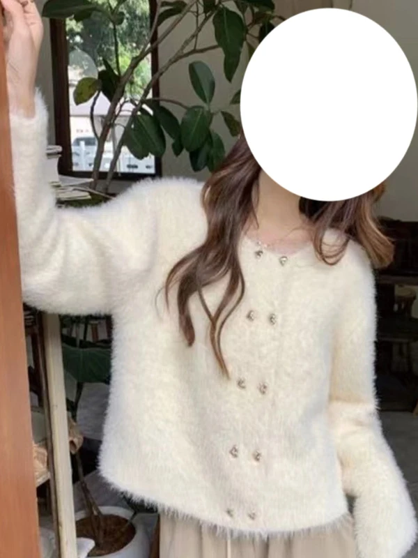 

Trendy Long Sve ort Coat Women's Knitted Sweater Mink Velvet Loose Fit Cardigan Warm Autumn Winter round Ne Single Button