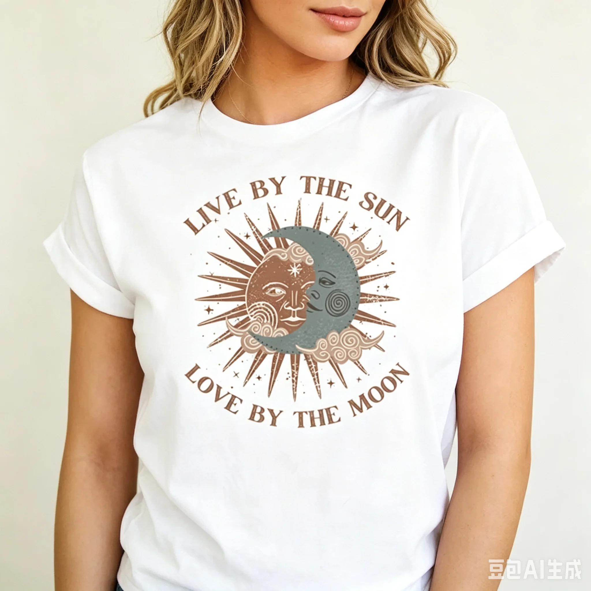 Live By The Sun Love By The Moon Print T Shirt Women Vintage Sun Moon Face Graphic Short Sleeve White Boho Casual Tee