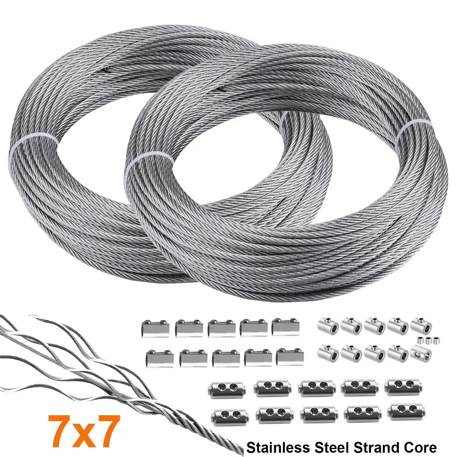 2 Rolls Wire Rope 304 Stainless Steel Cable Aircraft Cable 1.2/1.5/2.0mm Wire Rope With Buckle Clip 7x7 Stainless Steel Strand Core And Double Barrel Ferrule Perfect For Outdoor Hanging, Clothes Line Wires, Garden Fence