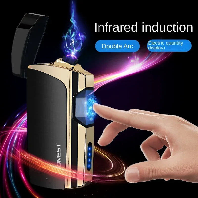 HONEST Metal Infrared Touch Sensing Electric Double Arc Lighter Outdoor Windproof Power Display Pulse Plasma USB Lighter