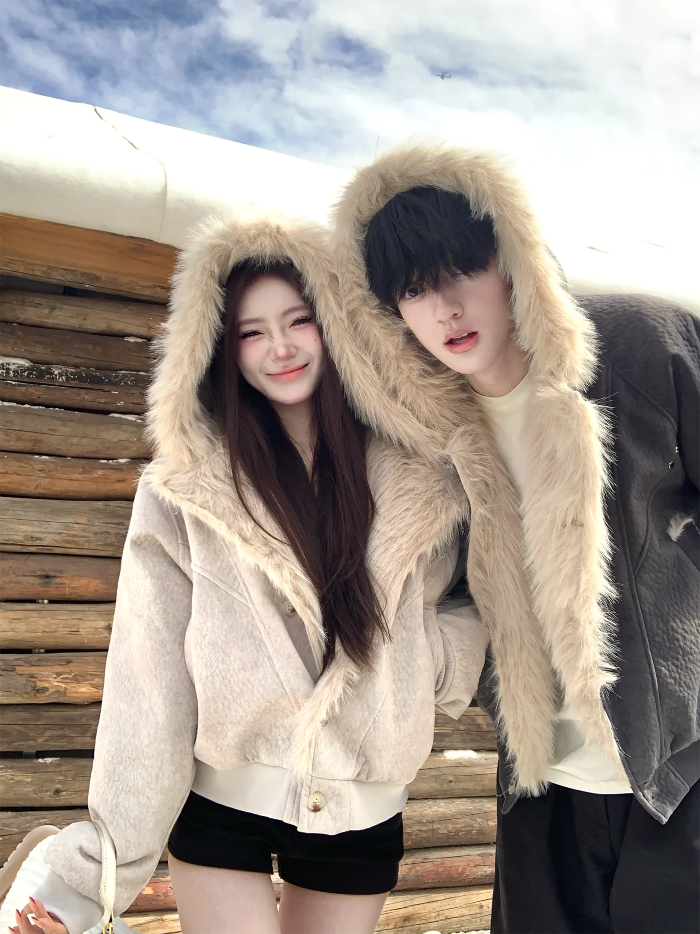 

Thiened PU Leather Jaet with Large Fur Collar American Sle Couples Matching Coat Winter Warm Cotton Inner Loose Fit