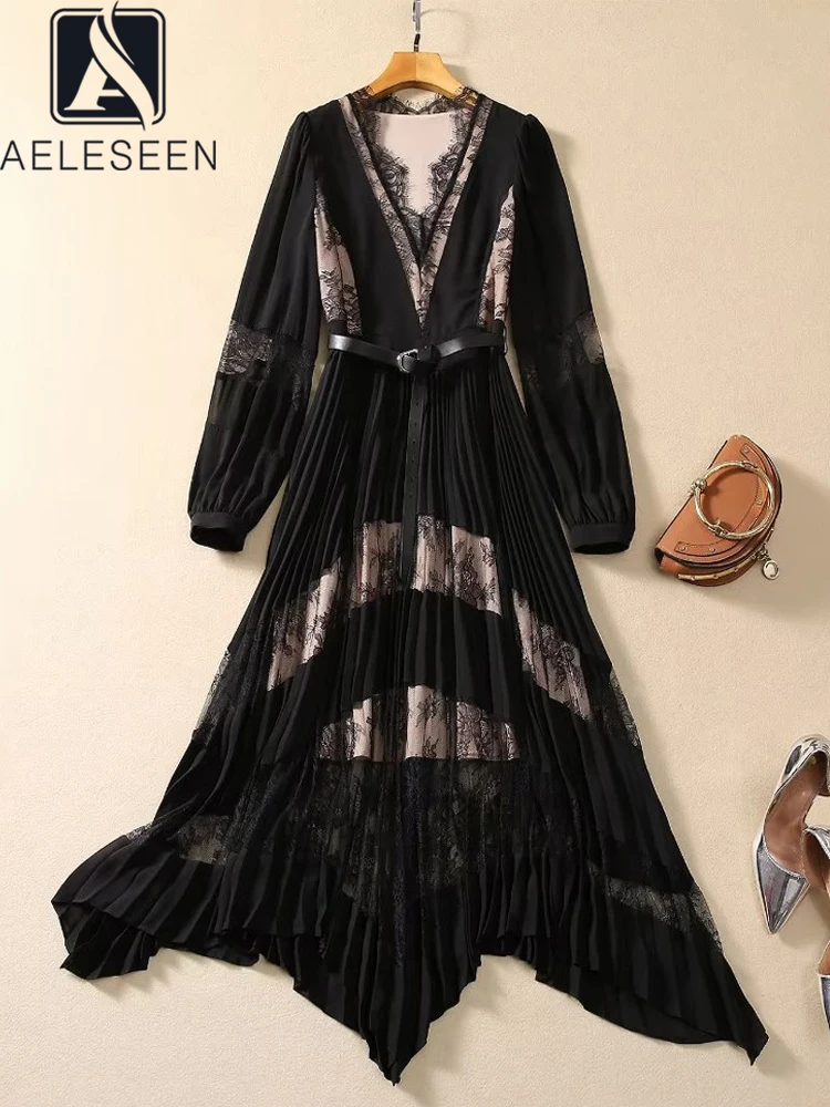 

AELESEEN Vitage Long Irregular Lace Dress Women's Spring Autumn V-Neck Lantern Sleeve Ruffles Patchwork Chiffon Belt Elegant
