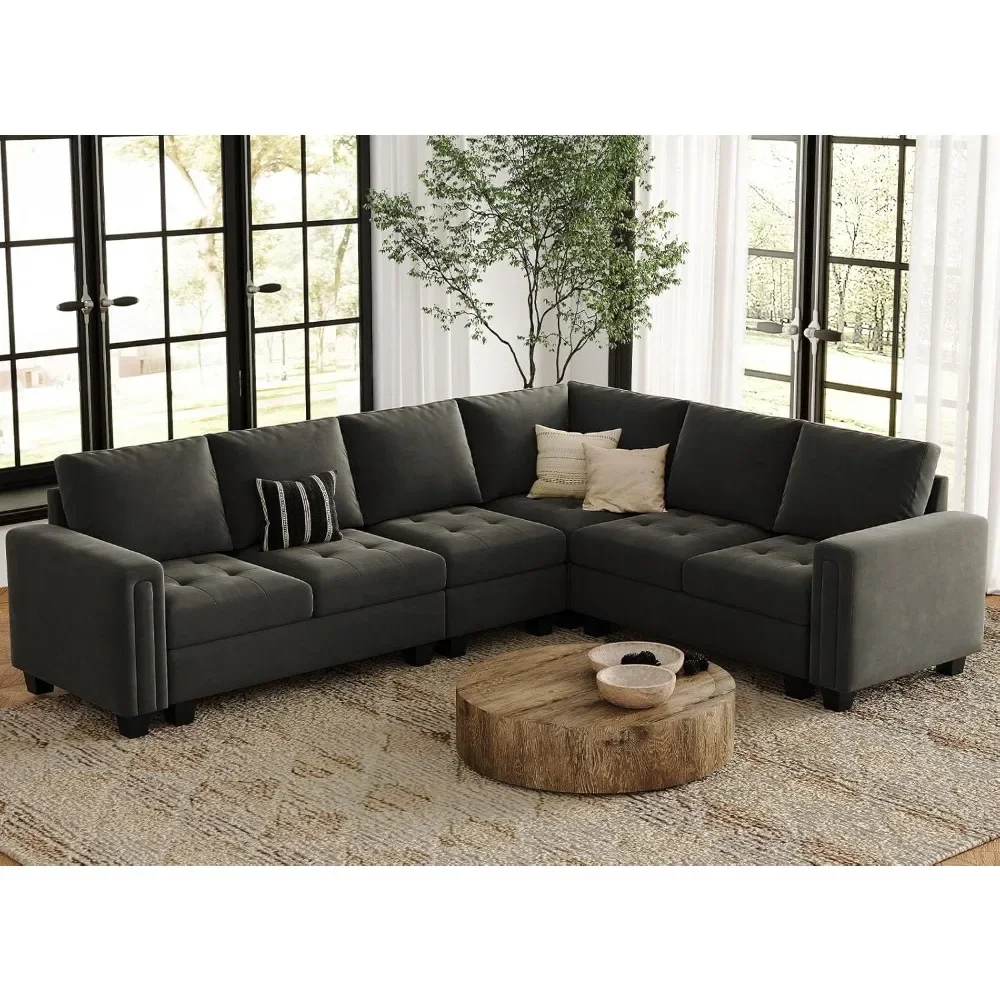 

Combination Sofa L-shaped Sofa, 6-seater Convertible Combination Sofa with Foldable Lounge Chair, Velvet Corner Sofa