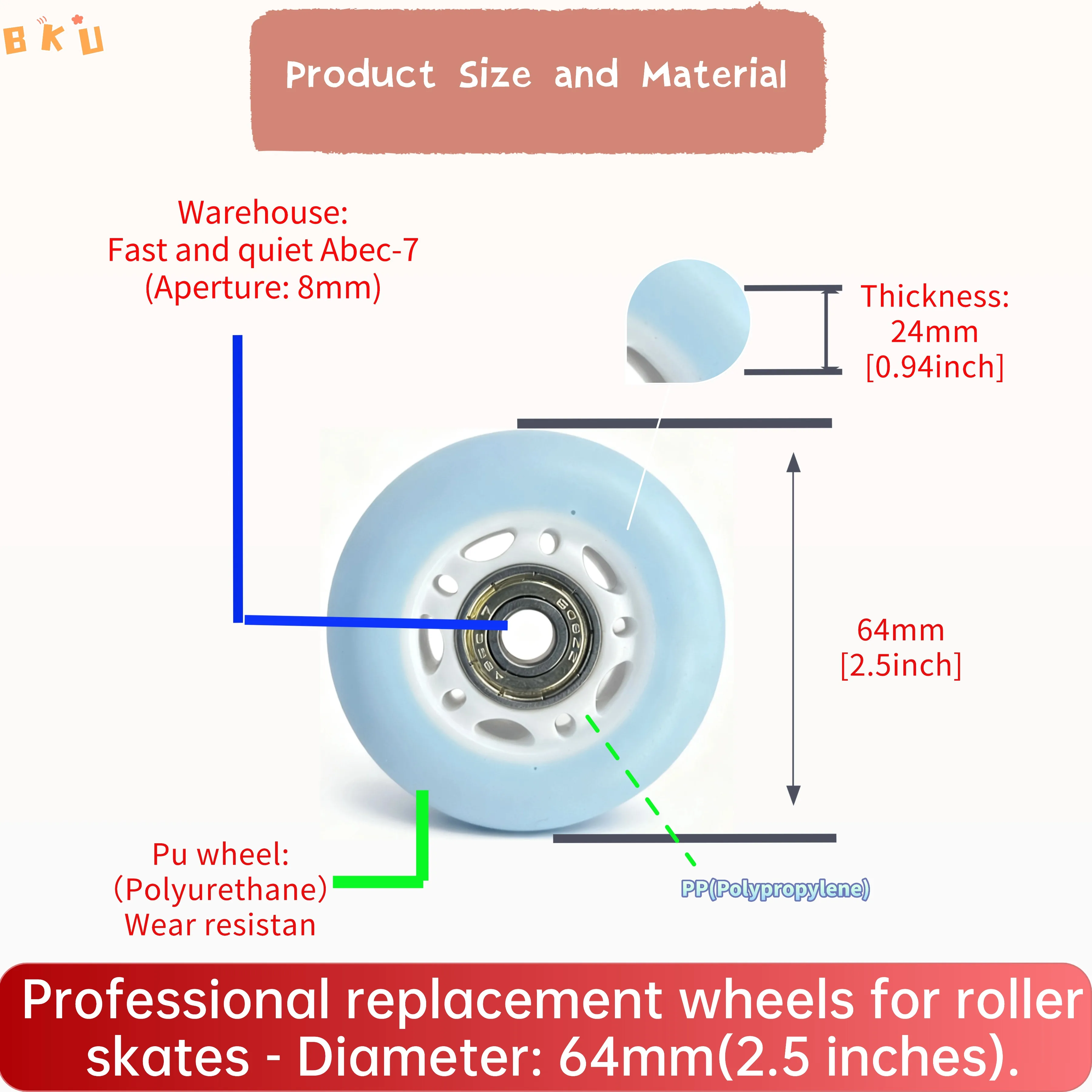 8 قطع عجلات PU متعددة الوظائف 64 مم، مقاومة للاهتراء وهادئة عالية السرعة مع محامل Abec-7، بديلة للأمتعة والزلاجات
