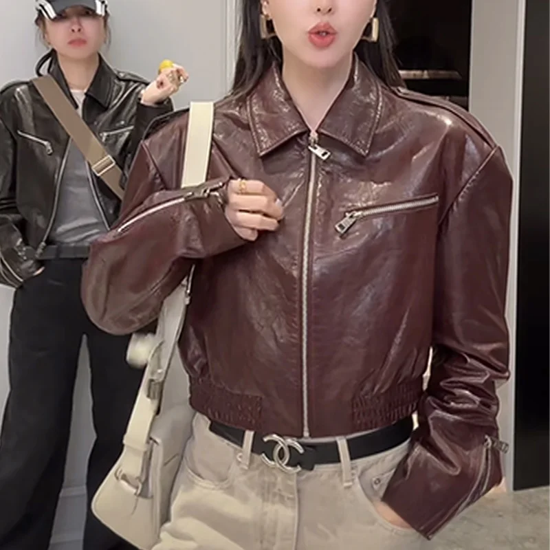 Chen sra. 2024 outono novo sle motocicleta couro jaet emagrecimento fino ajuste vintage eepskin longo sve casaco feminino