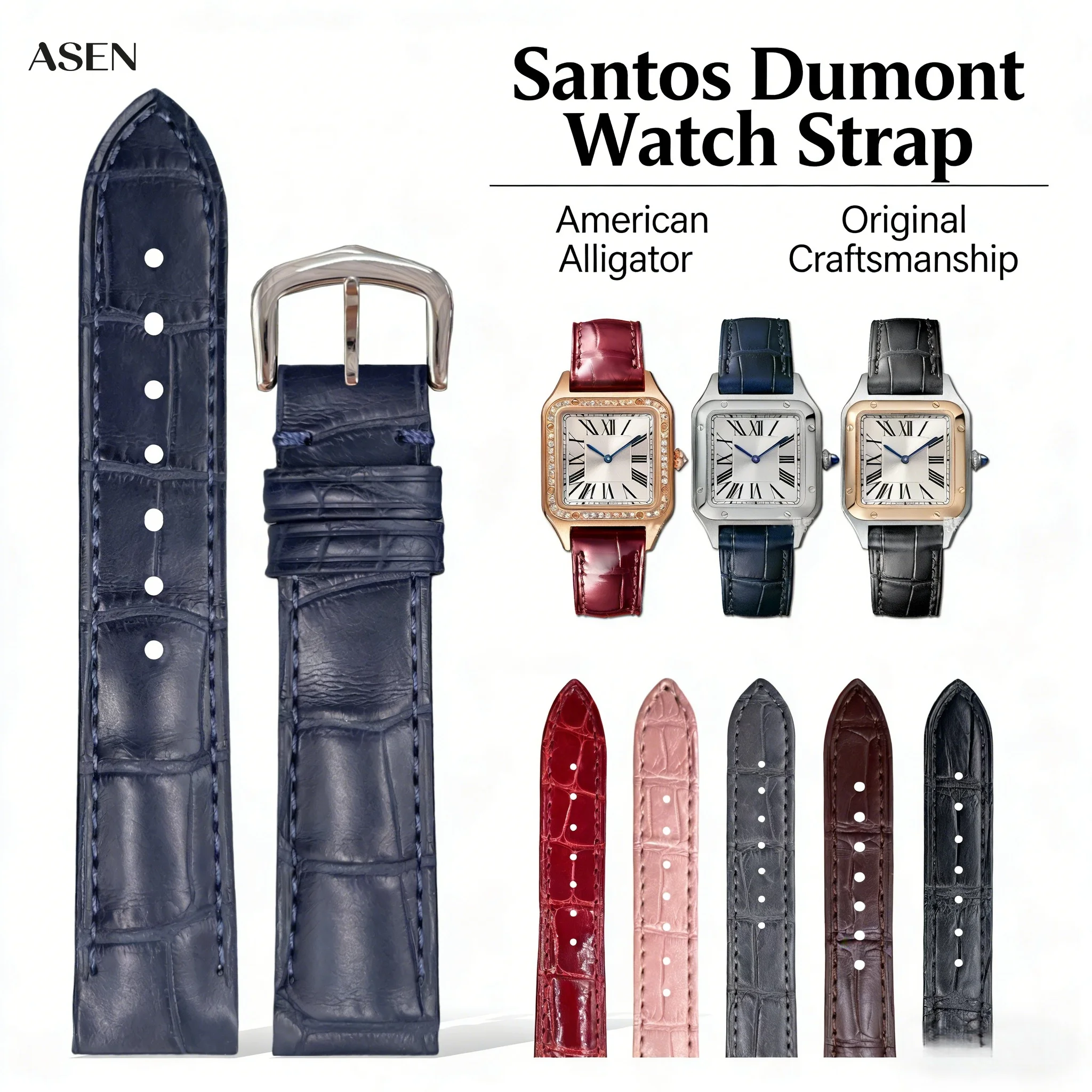 Premium Alligator Leather Watch Band for Cartier Santos Dumont Ladies Small Medium Size Comfortable Crocodile Strap