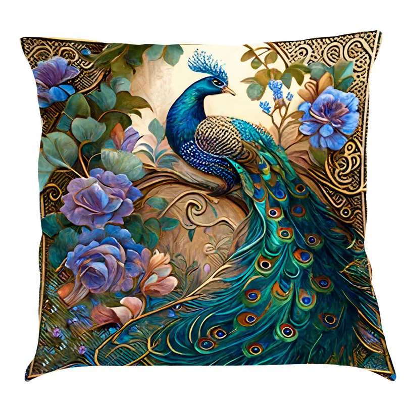 Funda de cojín de pavo real con pintura al óleo de estilo nórdico, funda de cojín de sofá de lino y algodón de 45x45cm, funda