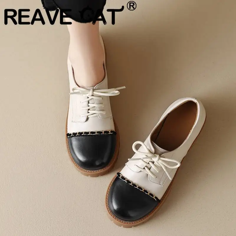 

REAVE CAT Брендовые женские туфли на плоской подошве с круглым носком на толстом каблуке со шнуровкой и цепочкой, смешанные, большой размер 41, 42, 43, повседневная обувь для девочек, мягкая S4805