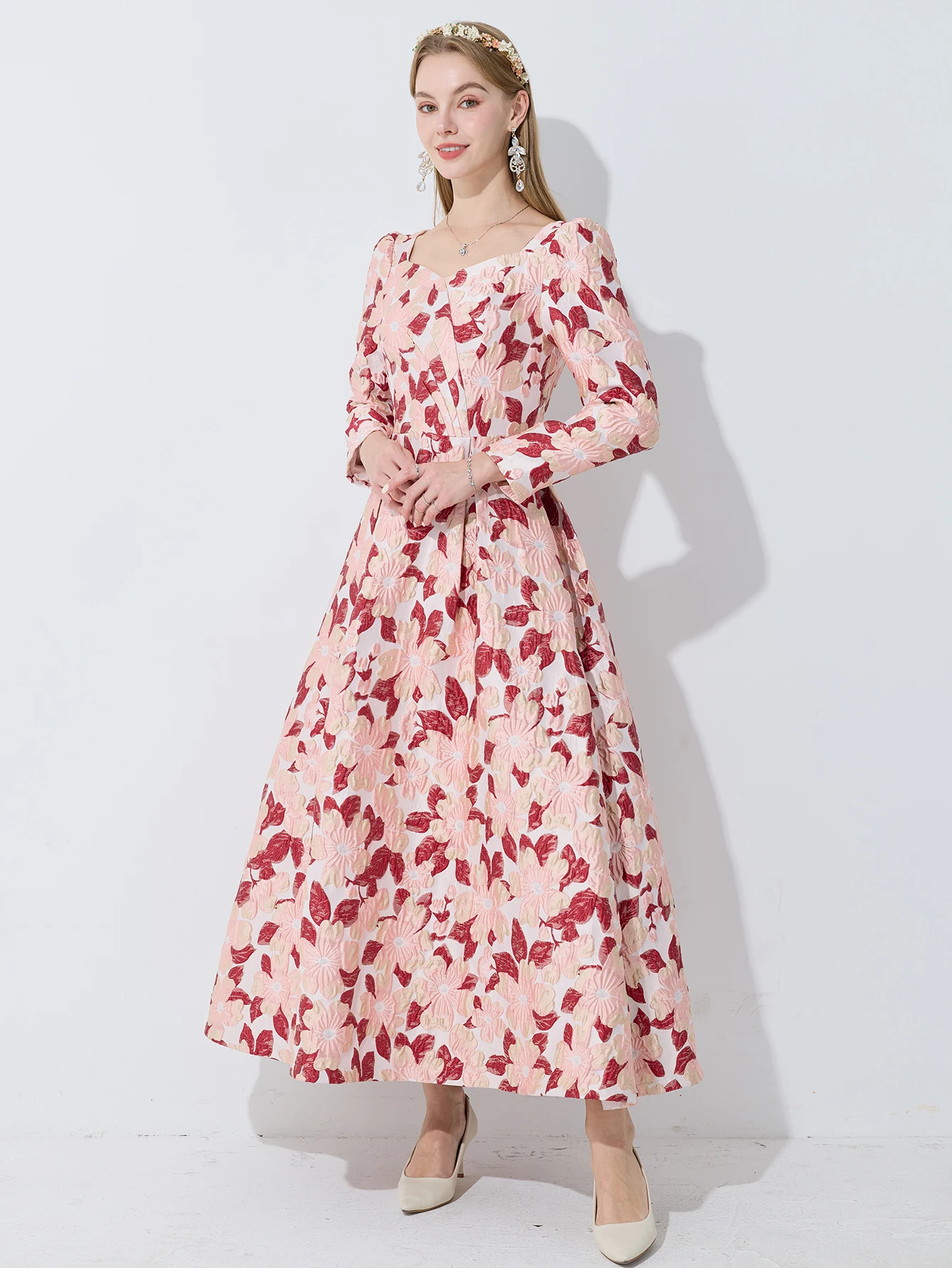 DEVCHATA 우아한 여성용 긴 소매 맥시 원피스 보호 꽃 자카드, 파티 캐주얼 의류, 볼 가운, 패션