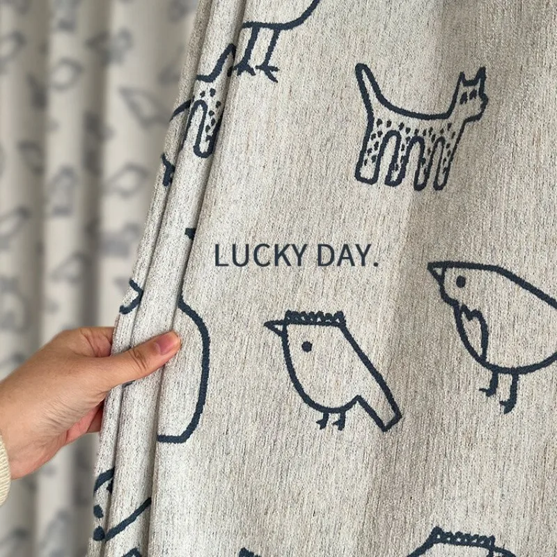 Custom Size Chenille Korean INS Cartoon Animal Simple Drawing Children's Room Bedroom Yarn-Dyed Jacquard Curtains Modern