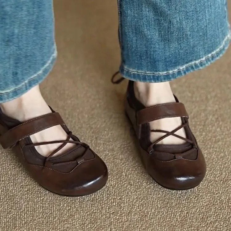 Zapatos Planos Mary Jane con Tiras Cruzadas en Color Marrón Oscuro para Mujer, de Cuero Vacuno Suave, Punta Redonda, Tacón Bajo Vintage, Estilo Casual y Bailarina