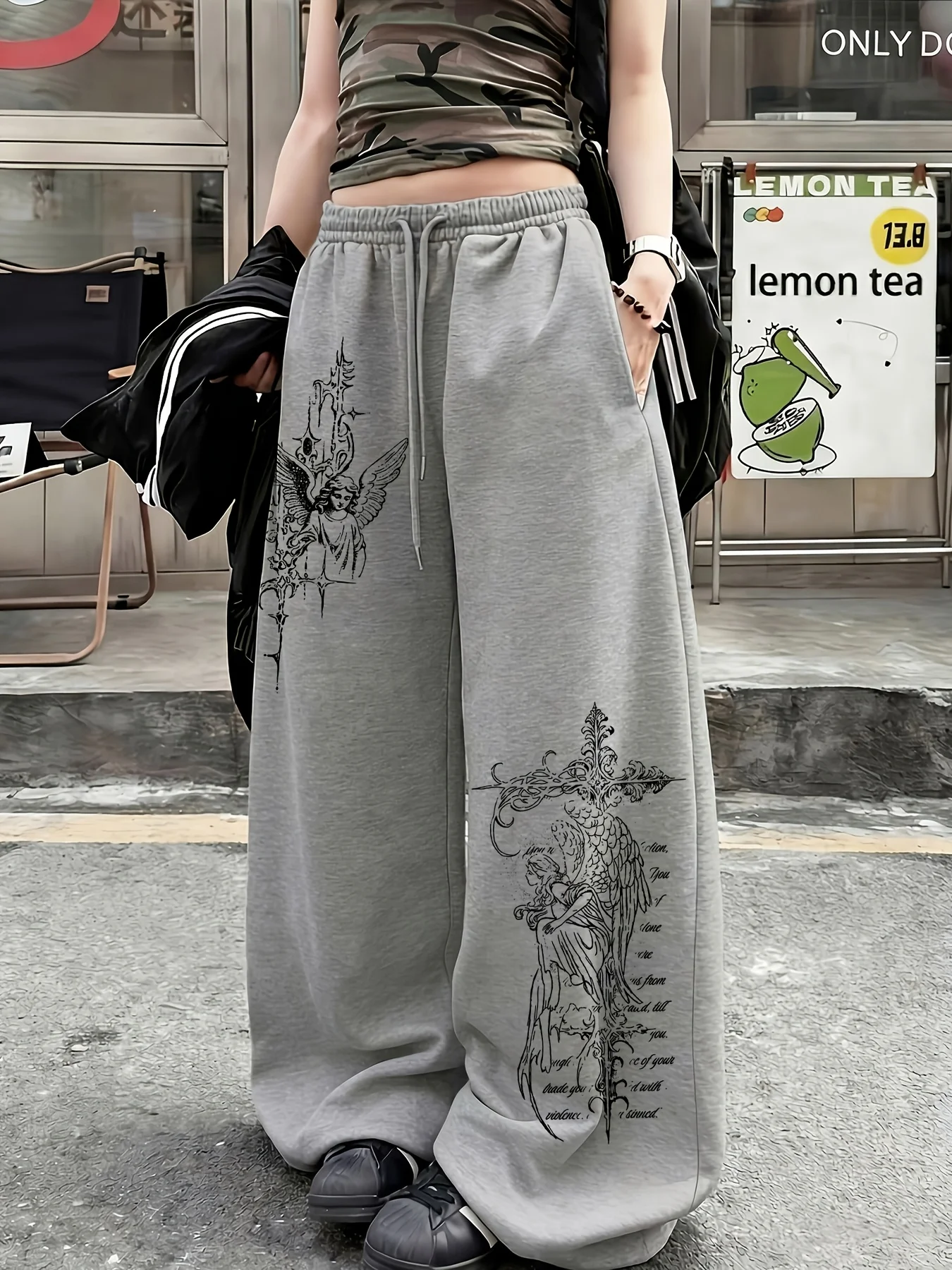 Damen Street-Style Casual Jogginghose mit Engel-Print Neuheiten für den Frühling Fleece Loose Fit Streetwear Oversized – Detail 3