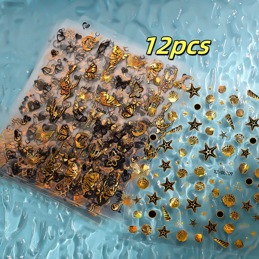 12 stks 3D Oceaan Wonderen Nagelstickers Laser Goud Metallic Nagelstickers Dolfijnen/Vis/Krabben/Zeepaardjes Beachy Zomer Nagelbenodigdheden *