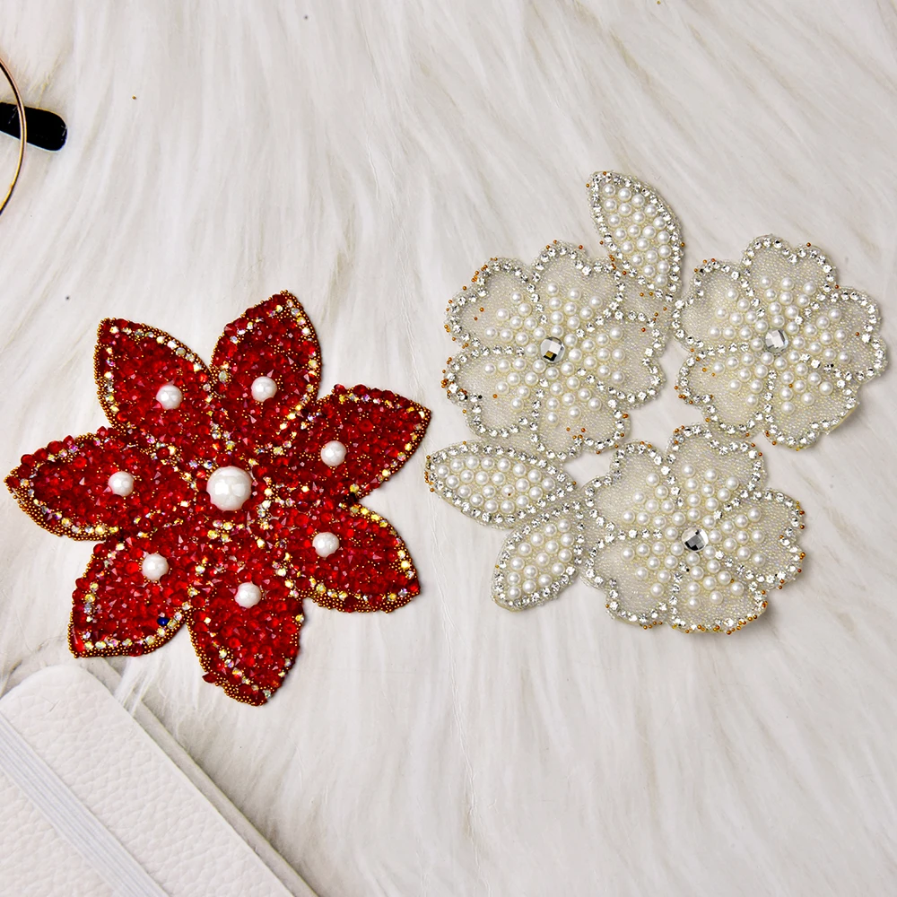 5pcs Pearl Caviar Beads Rhinestone Flower Motifs Patches Applique Iron On For Clothing Sticker Diamond Accessories