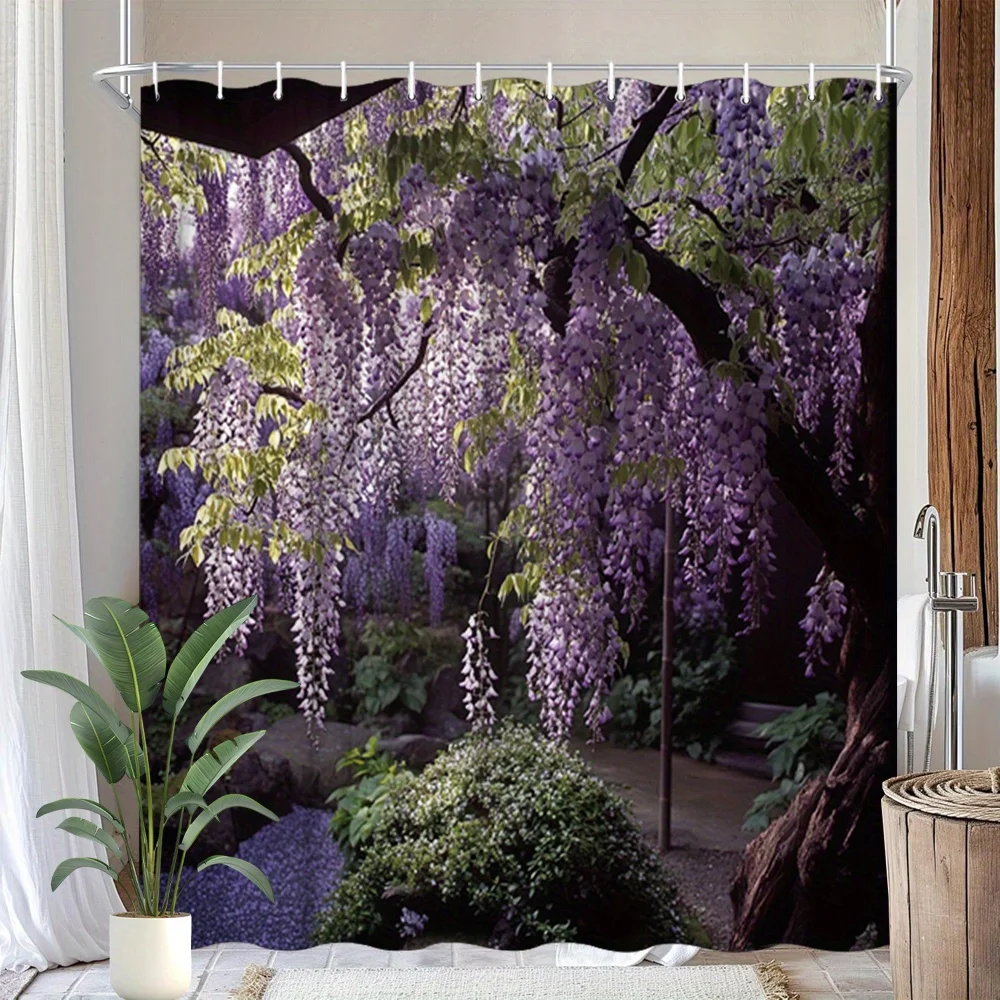 1pc Wisteria Garden Shower Curtain - Japanese Style Lavender Blooms & Pebble Pond Tranquil Scene, Polyester Fabric Bathroom Deco