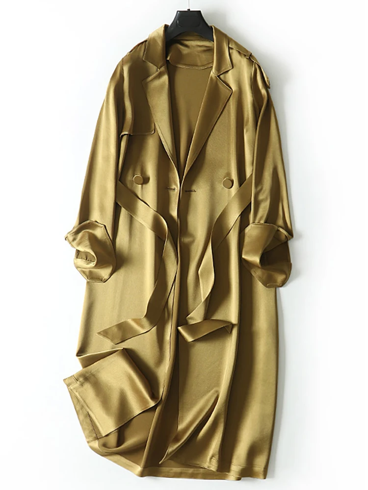 Lautaro Lente Herfst Lange Zachte Luxe Elegante Flowy Satijn Acetaat Trenchcoat Voor Vrouwen Hoge Kwaliteit Chic Britse Mode 2022