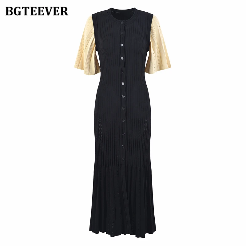 

BGTEEVER O-neck Flare Sleeve Women Knitted Dress Single-breasted Slim Waist Ladies Package Hip Dress