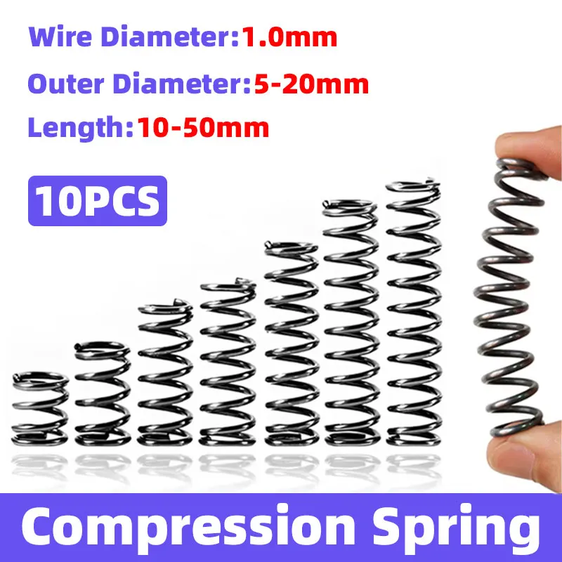 

10 шт. возвратная пружина, пружина давления, выпускная пружина, сжатая пружина, диаметр проволоки 1,0 мм, внешний диаметр 5-18 мм, длина 10-50 мм