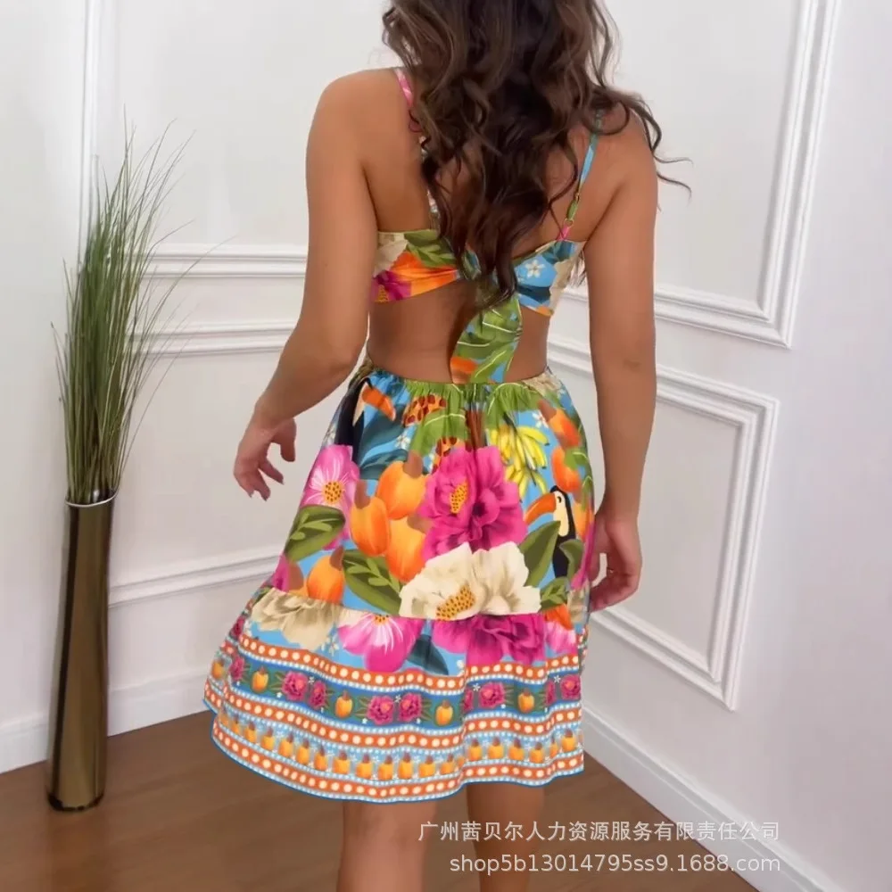 여성 섹시 바디콘 패션 스파게티 스트랩 타이 백 홀터넥 허리 트로피컬 프린트 드레스 휴가 드레스