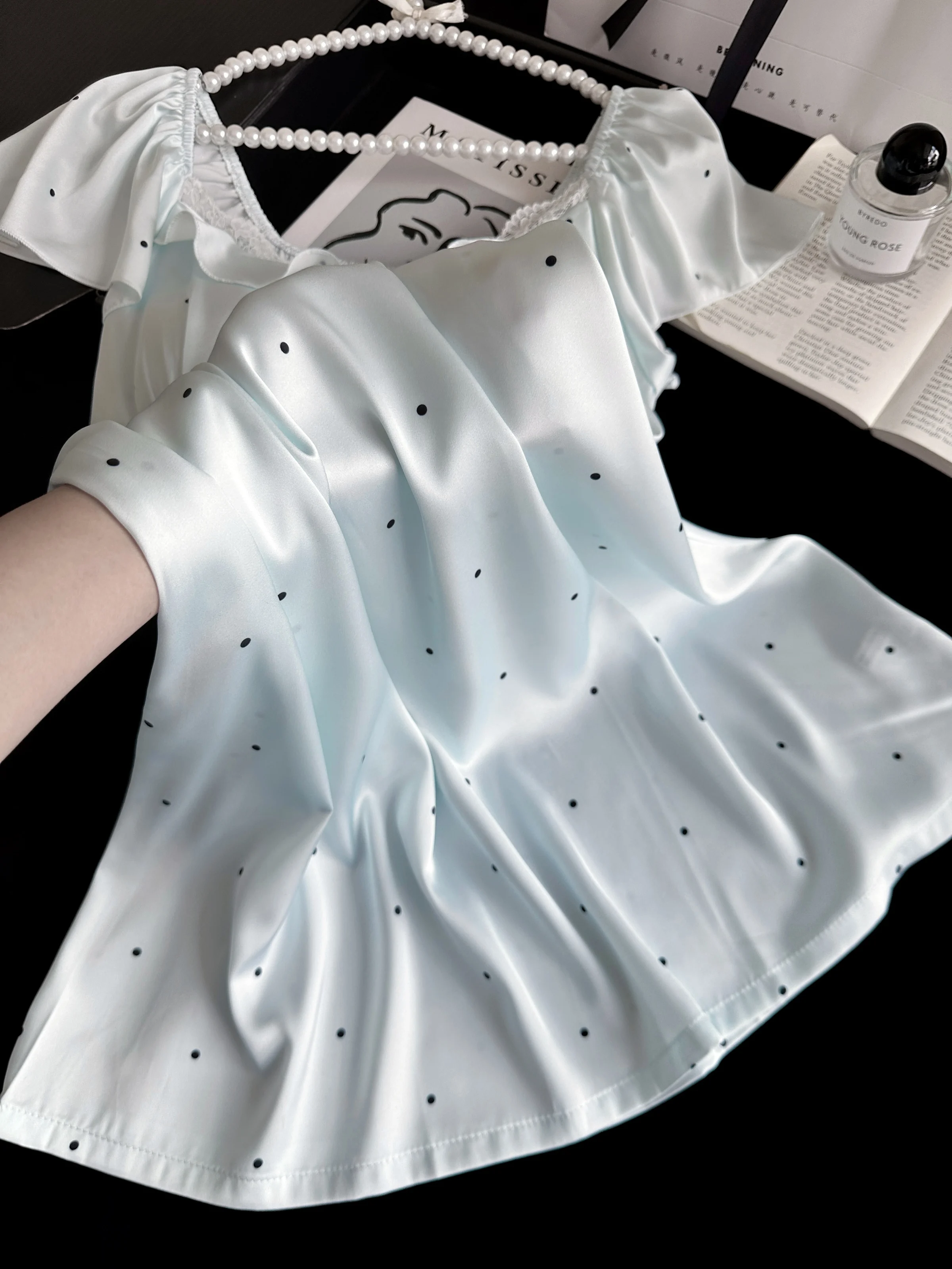 2025 summer new Japanese original ice silk polka dot printing dress pajamas sweet girl ins loungewear pajamas