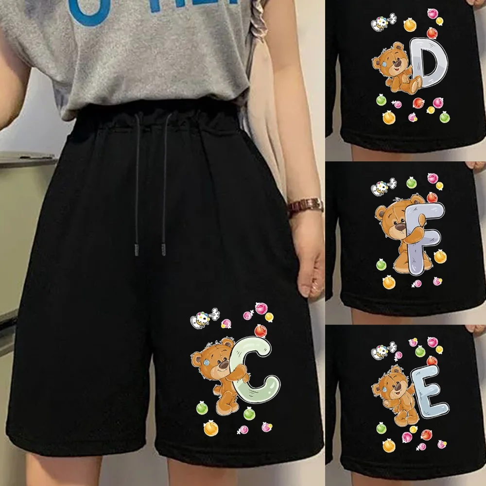 

Women Shorts Summer Drawstring with Pocket Shorts High Waist Loose Comfortable Shorts Bear Letter Printed Female SweatPants