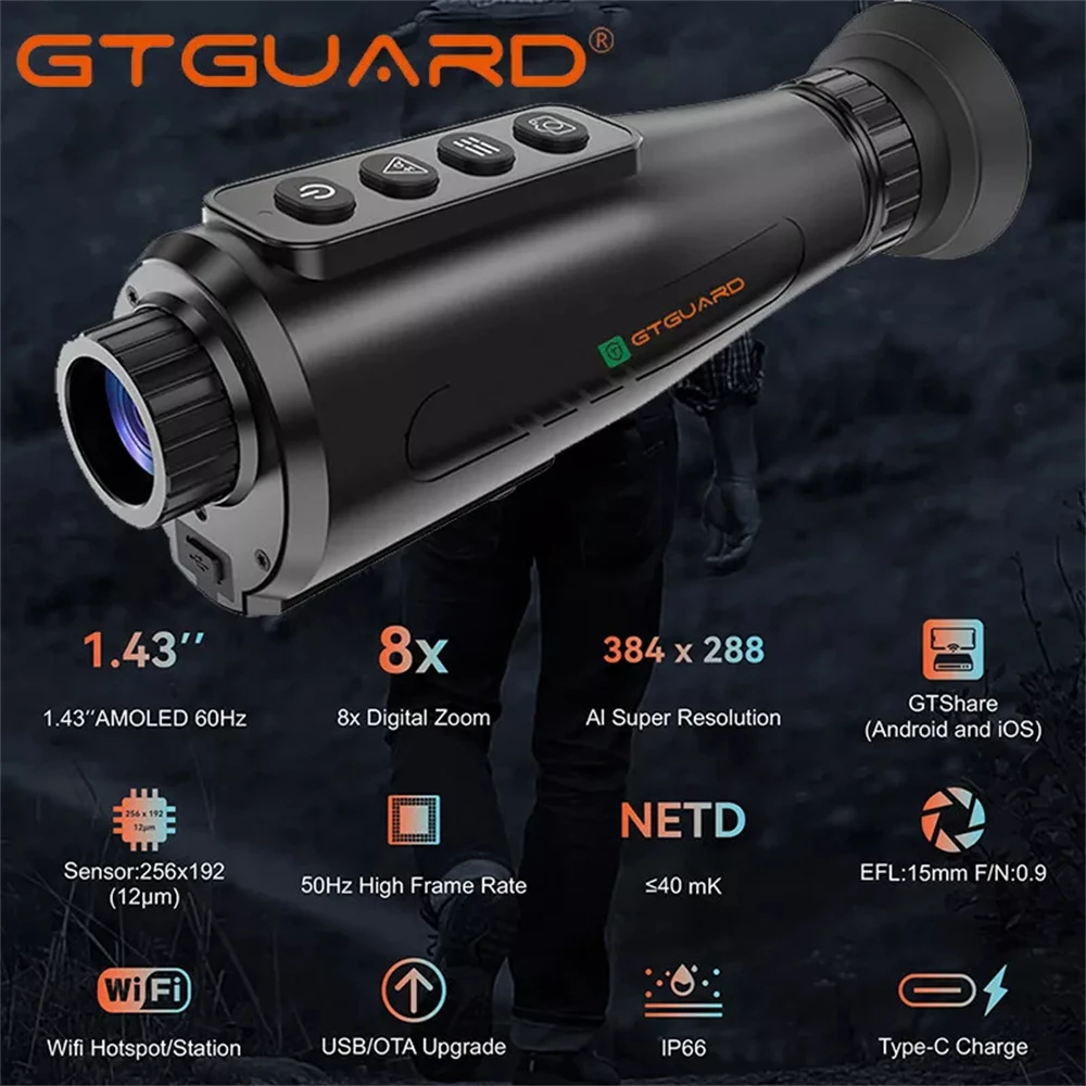 GTGUARD Ai15 Thermal Imaging Monocular AI 384*288 Handheld IR Night Vision Goggles Thermal Hunting Multiple Scenes Night Vision