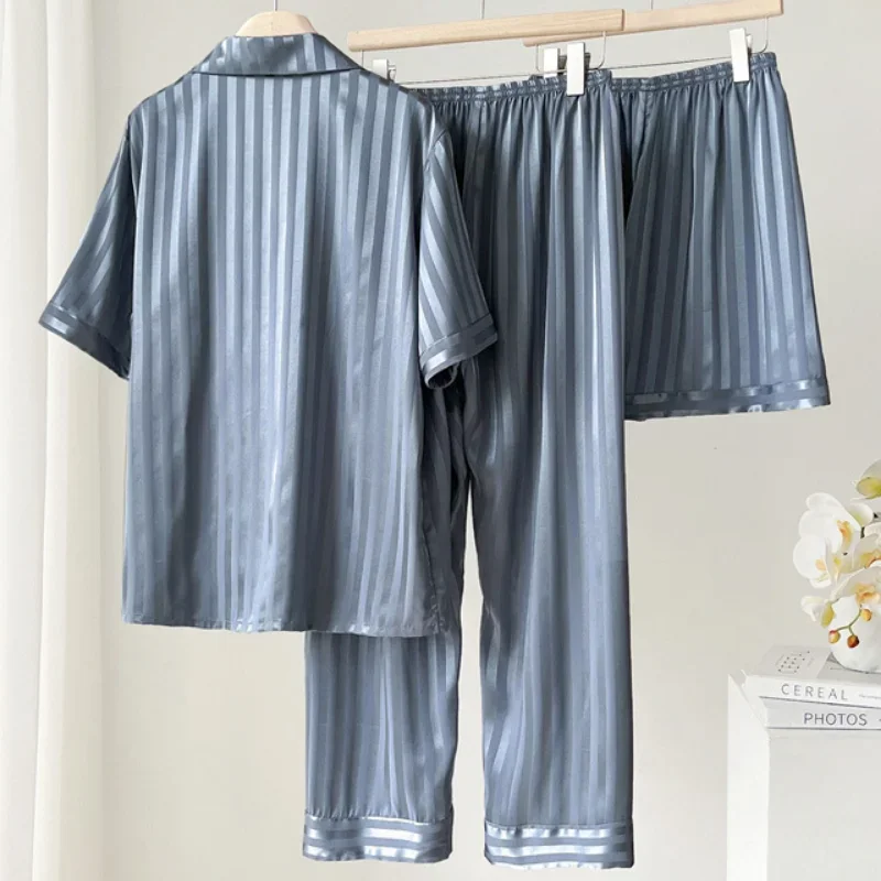Spring Summer New Men 3PCS Pajamas Set Sleepwear Short Sleeve Trouser Suit Loungewear Loose Silk Satin Home Clothes Pijamas Suit