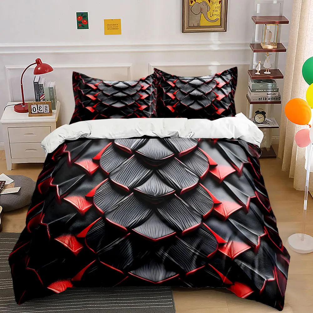 3D Black Red Dragon Scale Texture Bedding Set,Cool Fantasy Reptile Skin Print Duvet Cover Set, Luxury Comforter 3pc home Decor