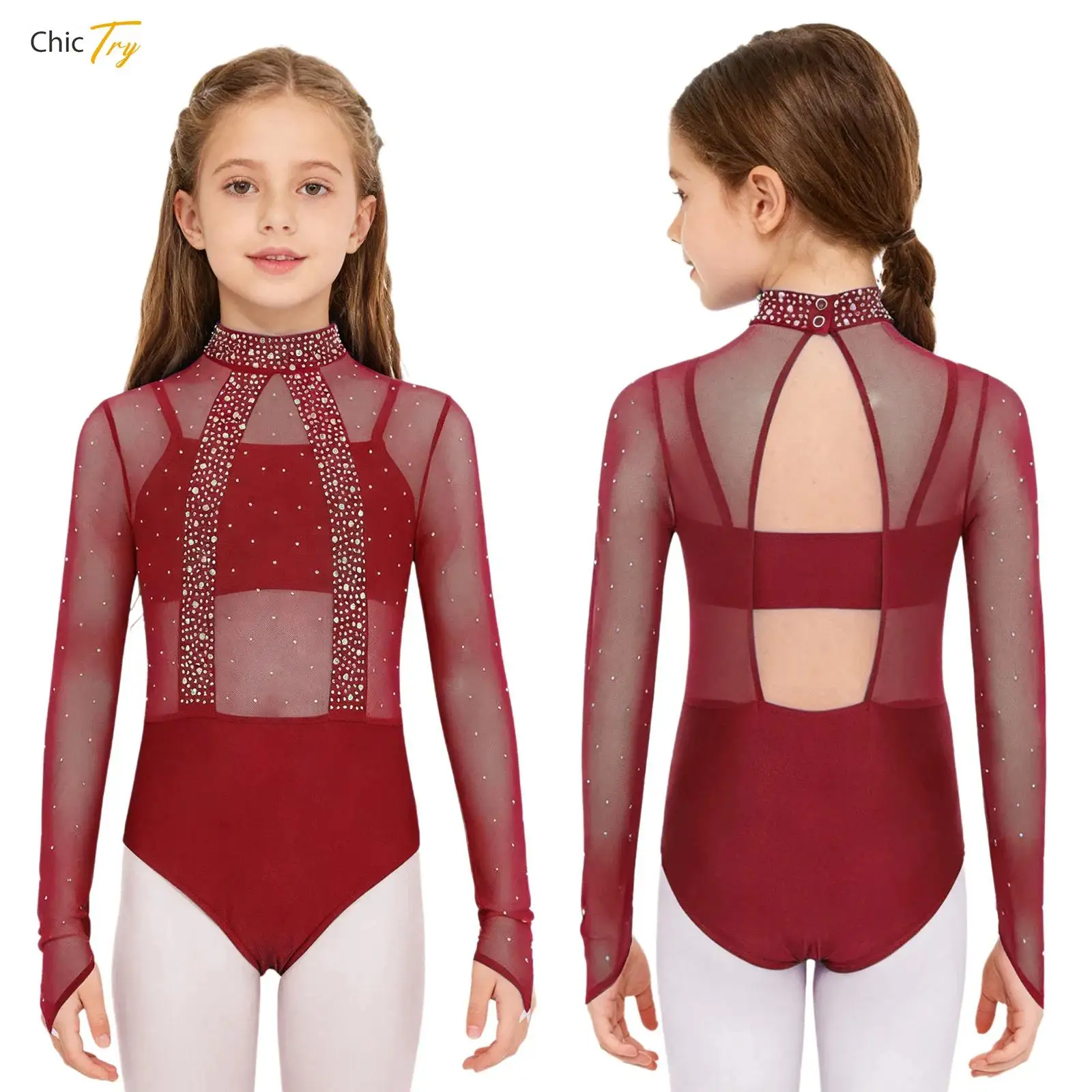 Niños Niñas gimnasia Ballet leotardo patinaje artístico mono manga larga diamantes de imitación malla transparente mono con camisola