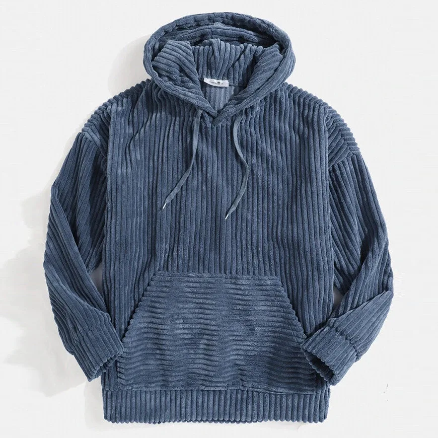 

Men's Vintage Hooded Corduroy autumn Winter Hoodies Casual Pullover Loose Solid Pit Strip Sweatshirt Kangaroo Pocket Male Tops