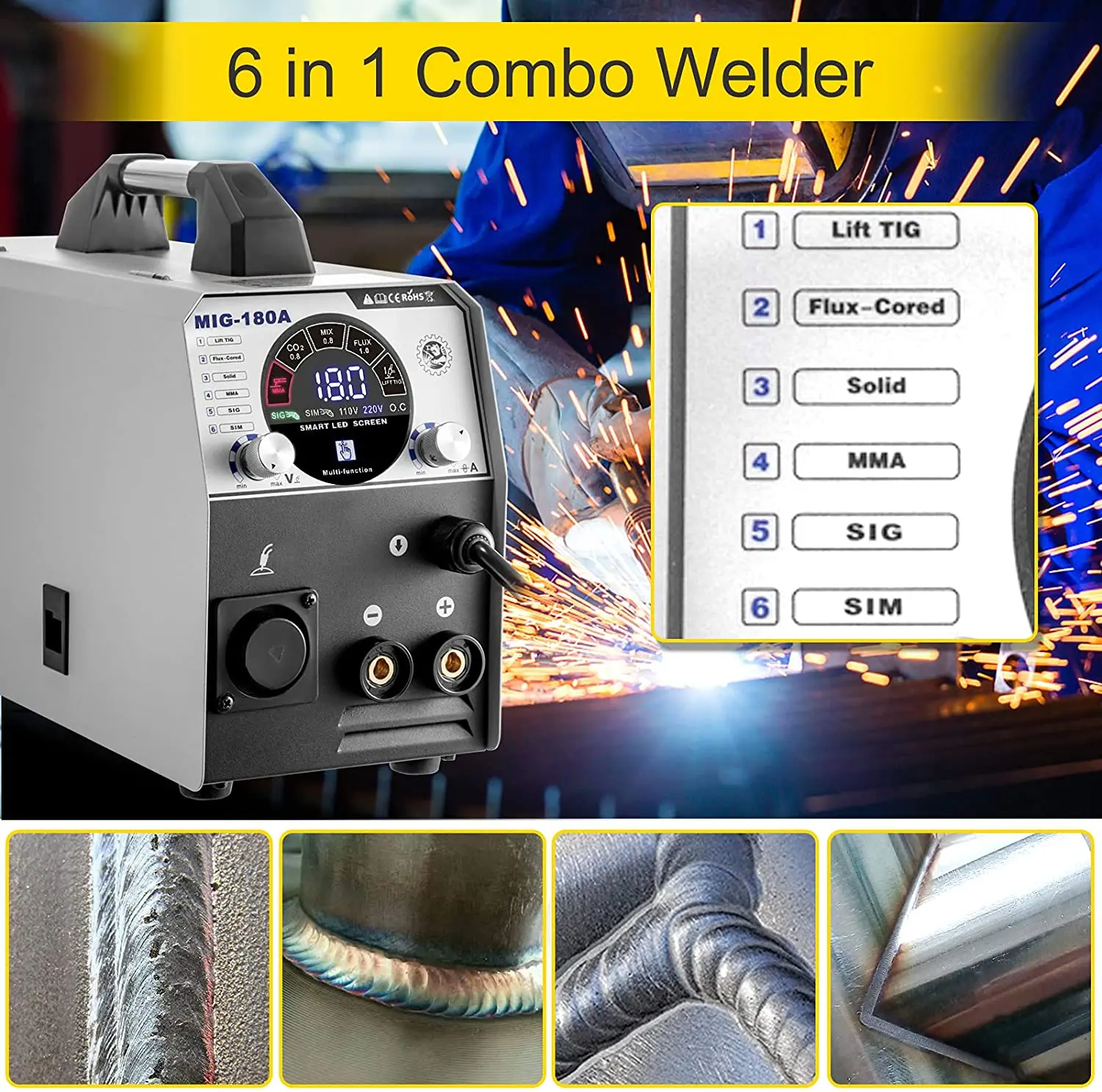 6 in1 Multifunction MIG TIG MMA Aluminum Welding Machine MIG Welder 180A Flux Core Welder IGBT Automatic Wire Feeding