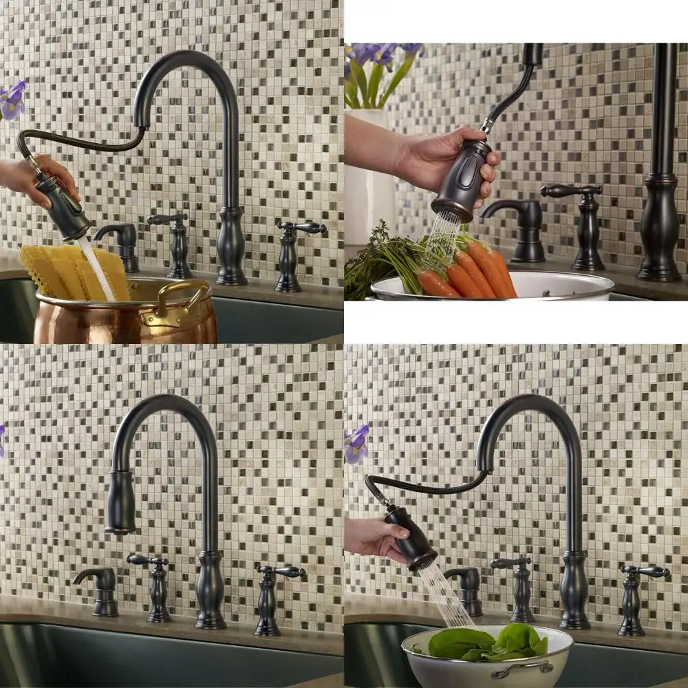 Torneira de cozinha com pulverizador pull-down de arco alto com alça dupla e dispensador de sabão em acabamento bronze toscano, modelo F5314HNY